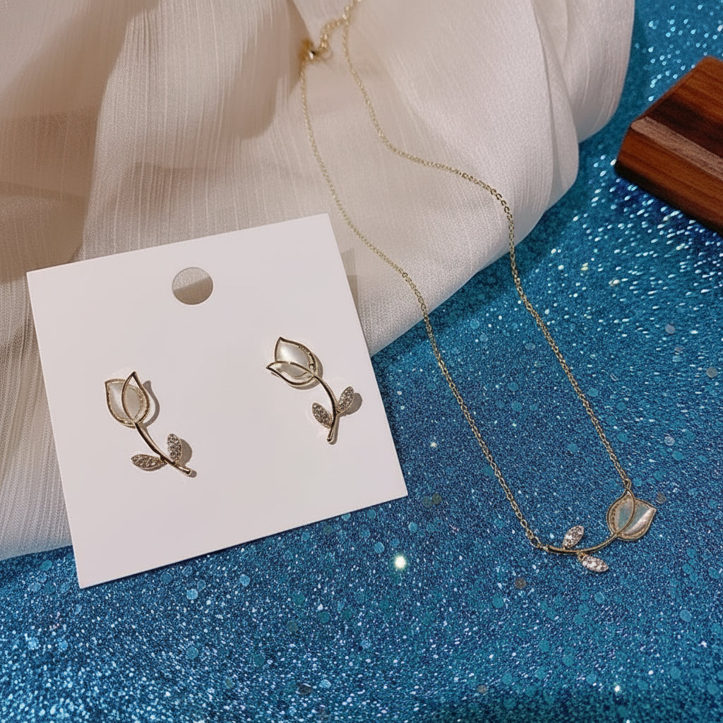 Vintage Opal Rose Pendant Necklace and Earrings